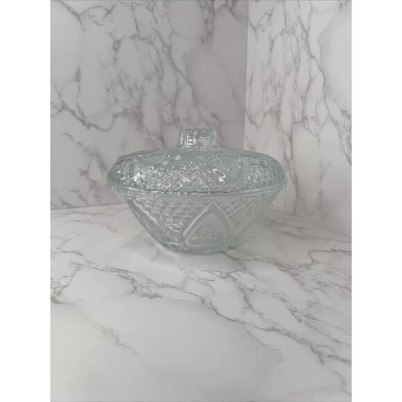 KIG Vintage Clear Fleur de Lis Pattern Cut Glass Round Dish With Lid - Picture 1 of 6